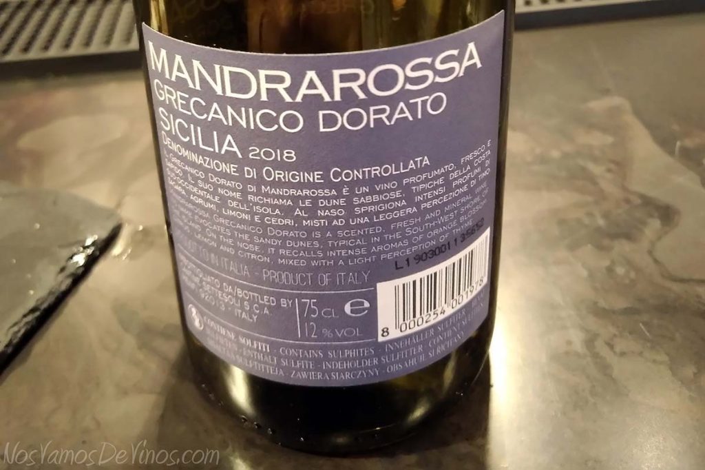 Mandrarossa Grecanico Dorato Costadune 2018 Etiqueta trasera
