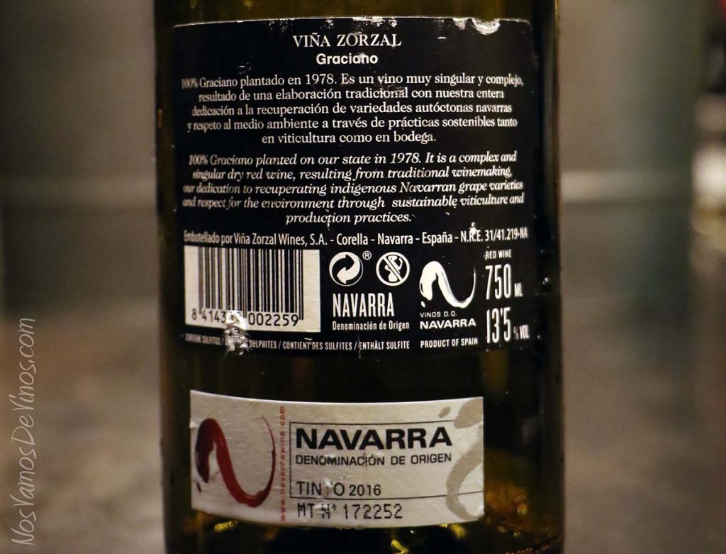 Viña Zorzal Graciano Etiqueta Trasera