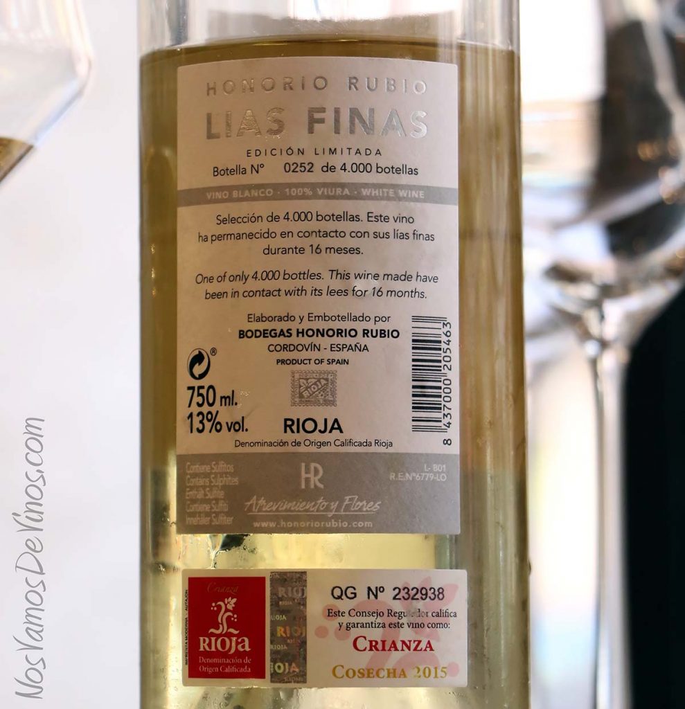Hororio Rubio Lías Finas Edición Limintada 2015 Etiqueta Trasera