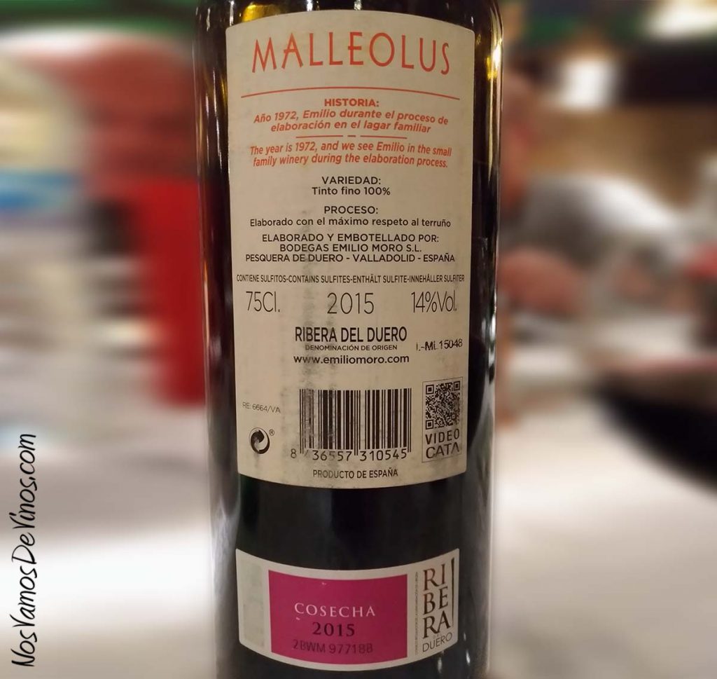 Malleolus 2015 un vino de Emilio Moro Trasera