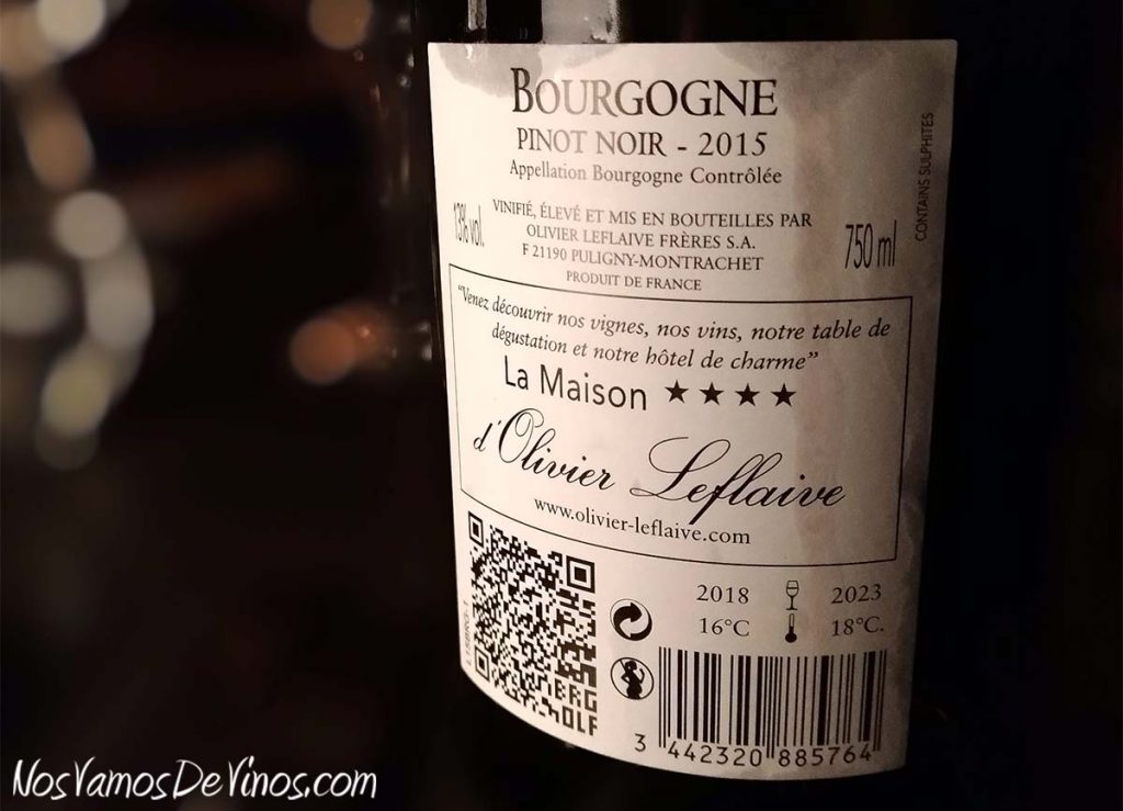 Olivier Leflaive Bourgogne Pinot Noir 2015 Etiqueta Trasera