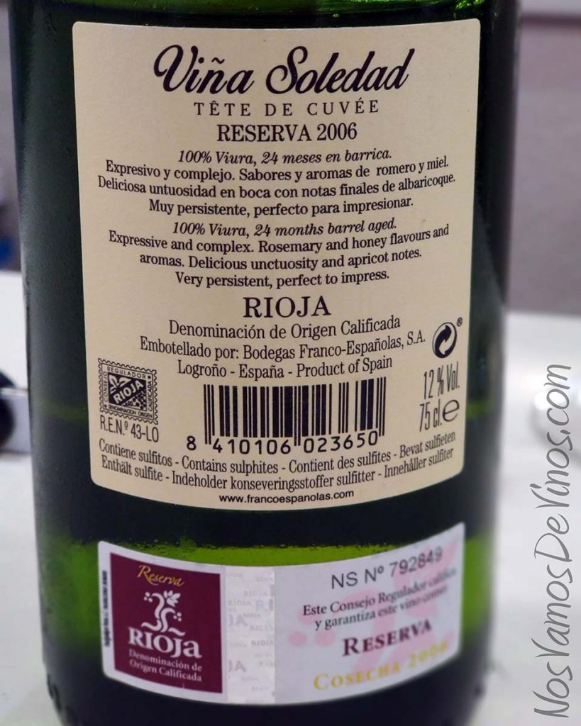 Viña Soledad Tête de Cuvée Reserva 2006 Etiqueta Trasera