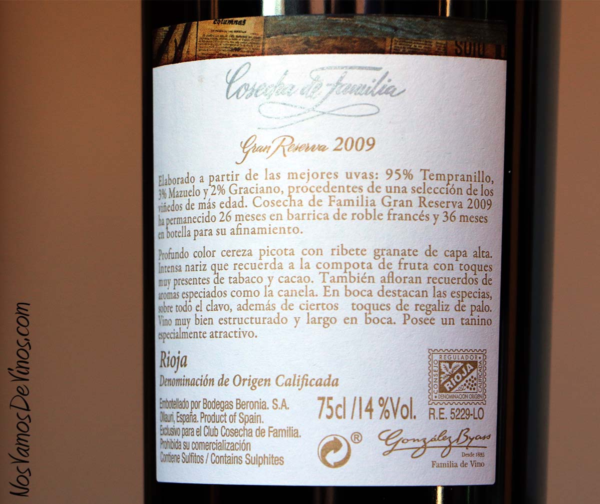 Beronia Cosecha de Familia Gran Reserva 2009 Etiqueta Trasera