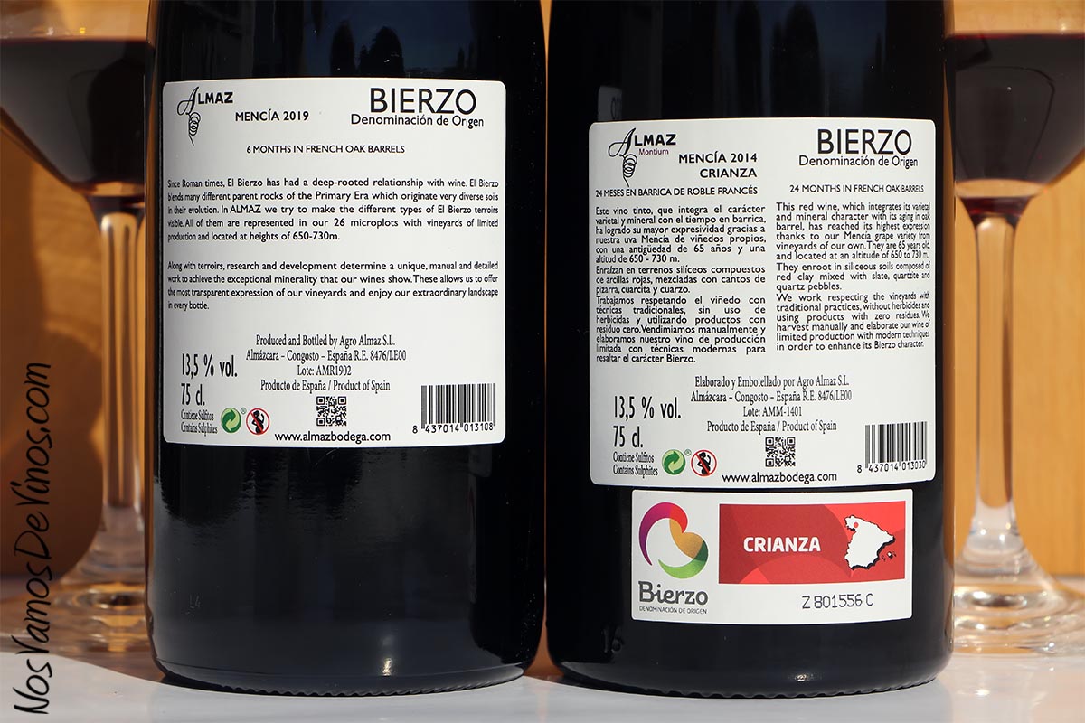 Almaz Montium Mencía 2014 y Almaz Naturae Mencía 2019 Traseras