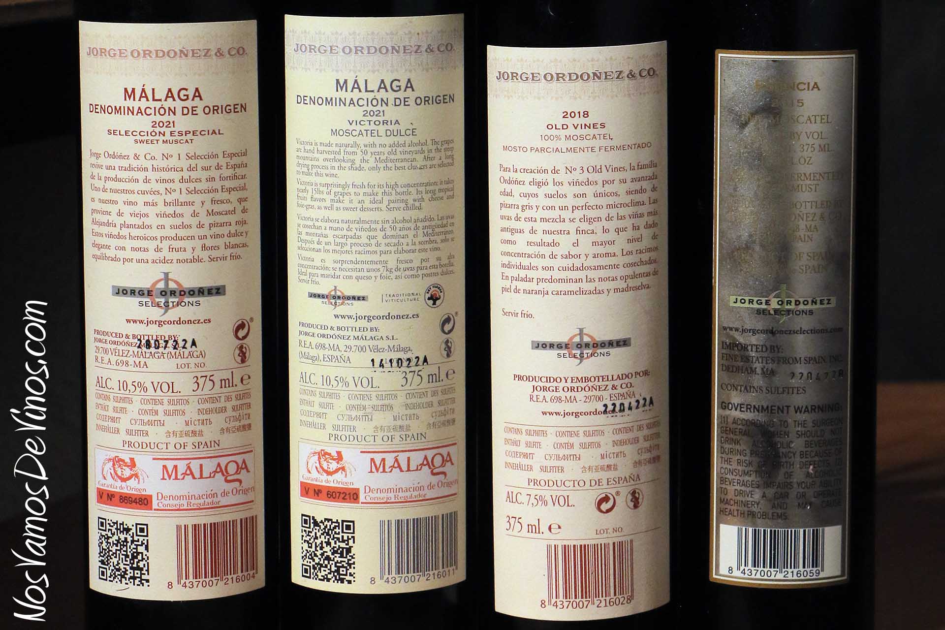 Etiquetas traseras de los cuatro monovarietales de Moscatel "naturalmente dulces" de Jorge Ordóñez.