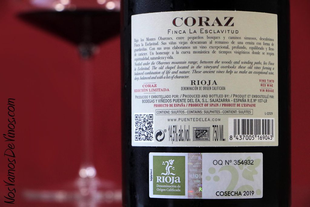Coraz Finca La Esclavitud 2019. Etiqueta trasera