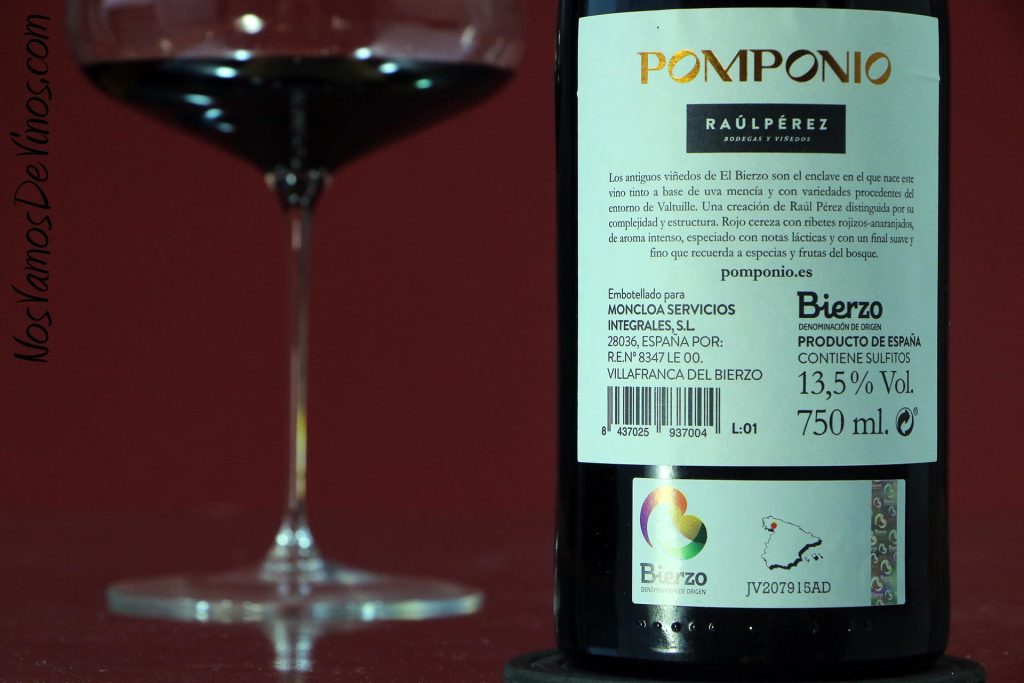 Pomponio Tinto Mencía 2020, vino de El Bierzo elaborado por Raúl Pérez. Etiqueta trasera