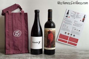 Oferta de vino bueno, barato y de calidad para regalo. Dos botellas de vino tinto con bolsa y ficha de cata de regalo