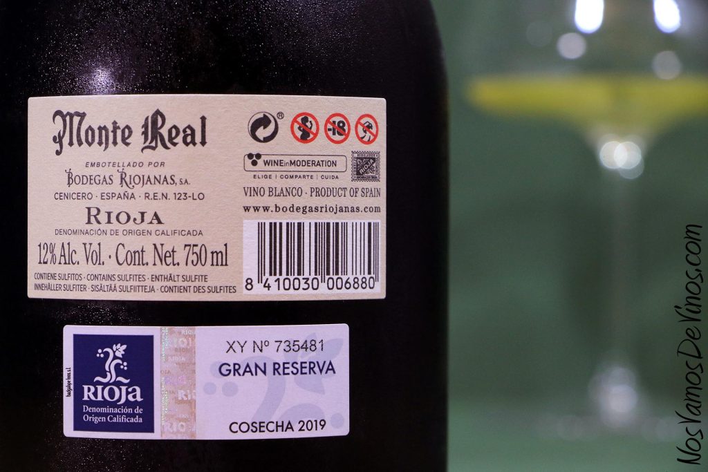 Monte Real Colección Larrendant Blanco Gran Reserva 2019. Etiqueta trasera.