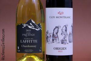 Domaine Laffitte Cuvée Prestige Chardonnay 2023 & Clos Montblanc Origen 2021. Detalle de las etiquetas. WineLovers Club de Wine is Social
