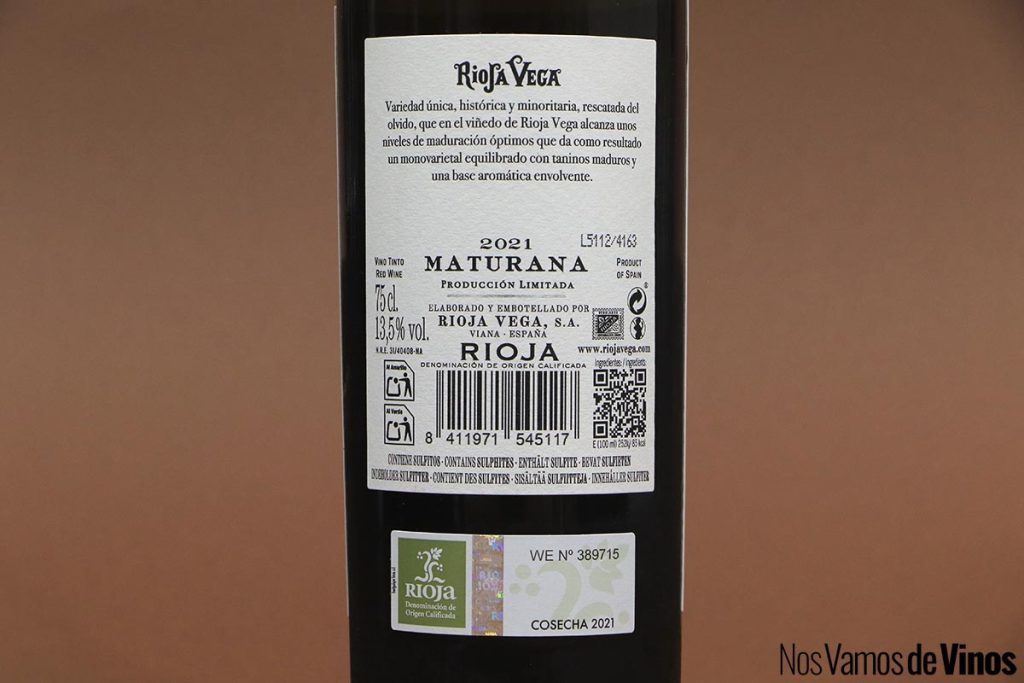 Rioja Vega Maturana 2021. Etiqueta trasera.