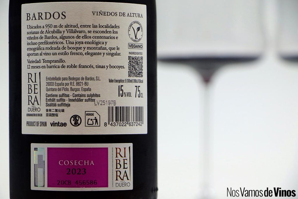 Bardos Viñedos de Altura 2023. Etiqueta trasera.