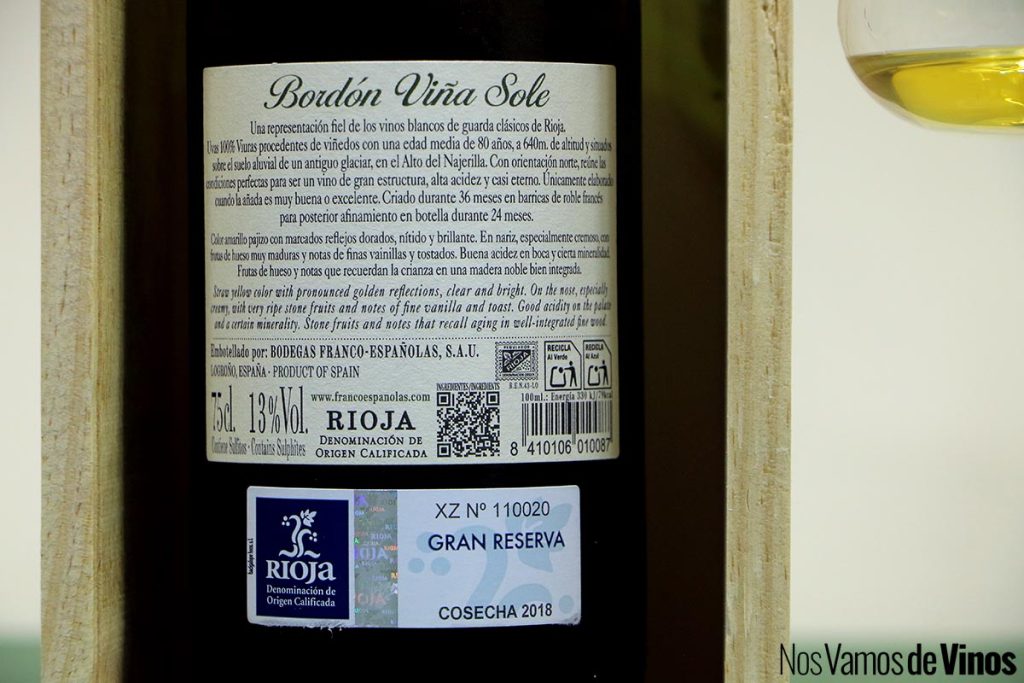 Bordón Viña Sole Gran Reserva 2018. Etiqueta trasera.
