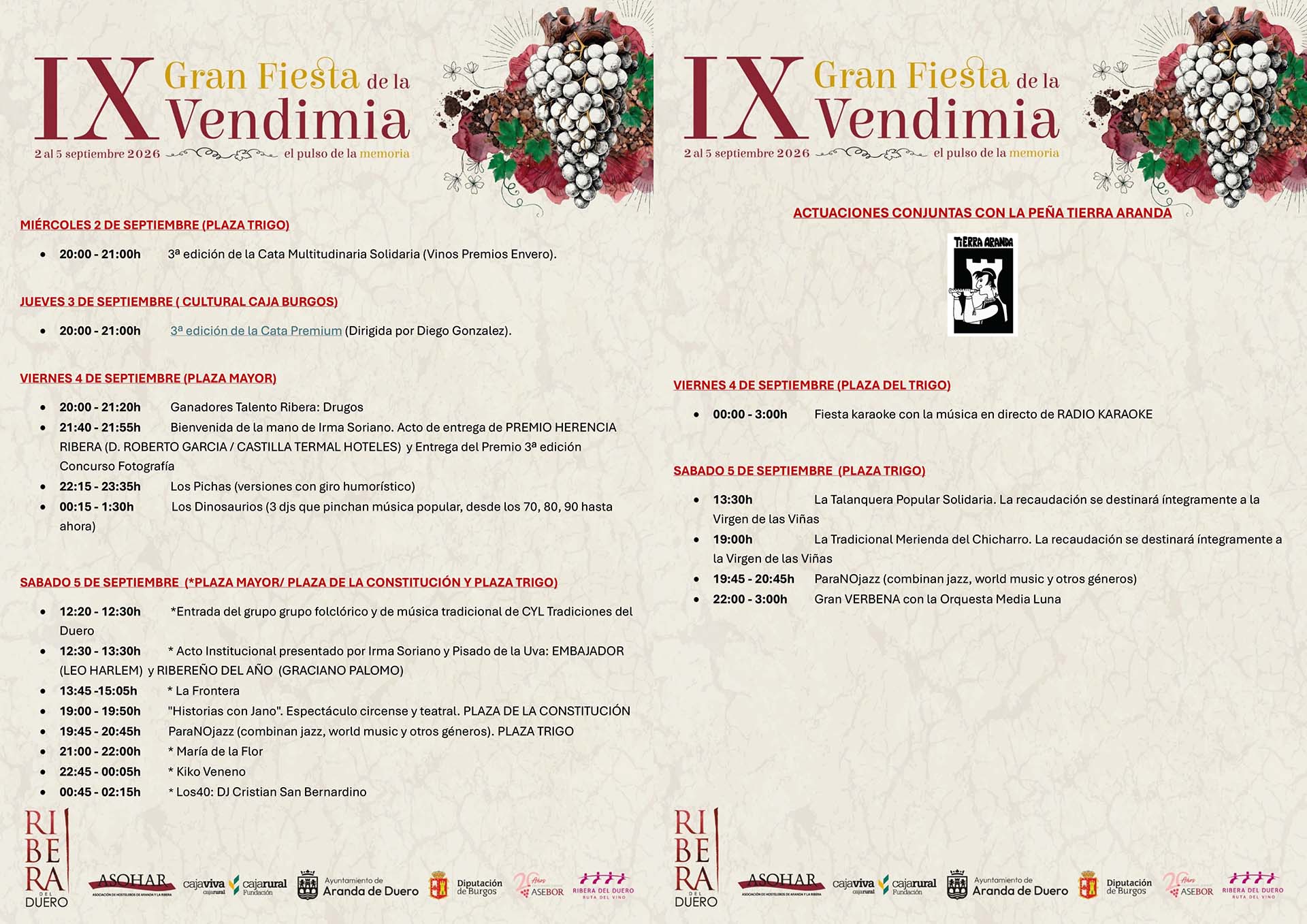 Ribera del Duero celebra su Gran Fiesta de la Vendimia con catas solidarias y conciertos en Aranda de Duero. Programa