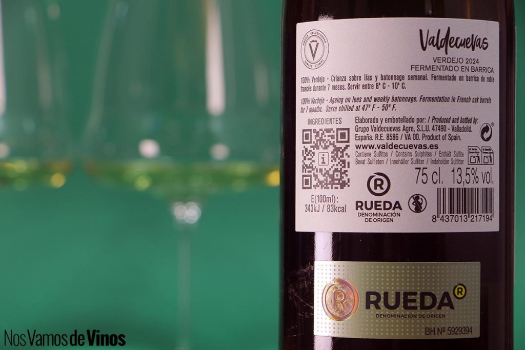 Valdecuevas Verdejo Fermentado en Barrica 2024. Etiqueta trasera.