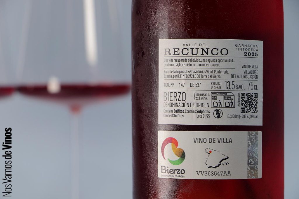 Valle del Recunco Garnacha Tintorera 2025. Etiqueta trasera.